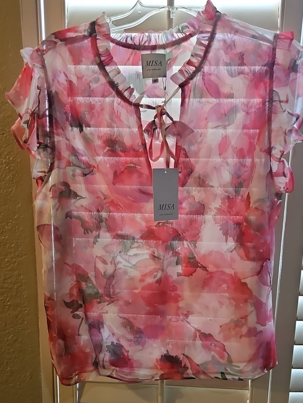 Misa Los Angeles Pink and Coral Watercolor Floral Ruffle Tie-Neck Blouse